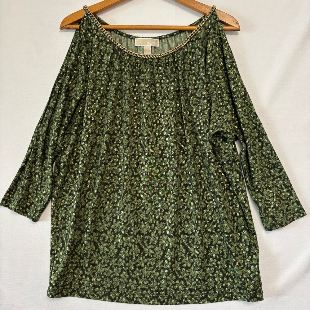 MICHAEL KORS Green Print Cold Shoulder Top Size Medium